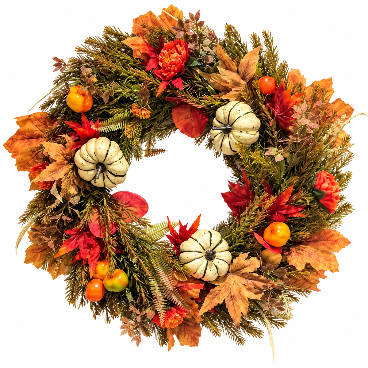 Artificial autumn pumpkin wreath with colourful autumn leaves, berries, flowers and cream pumpkins on a white background