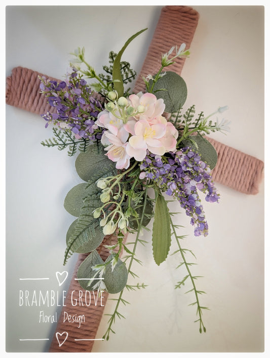 Handmade Floral Cross – Soft Blush & Pastel Posy (18”)