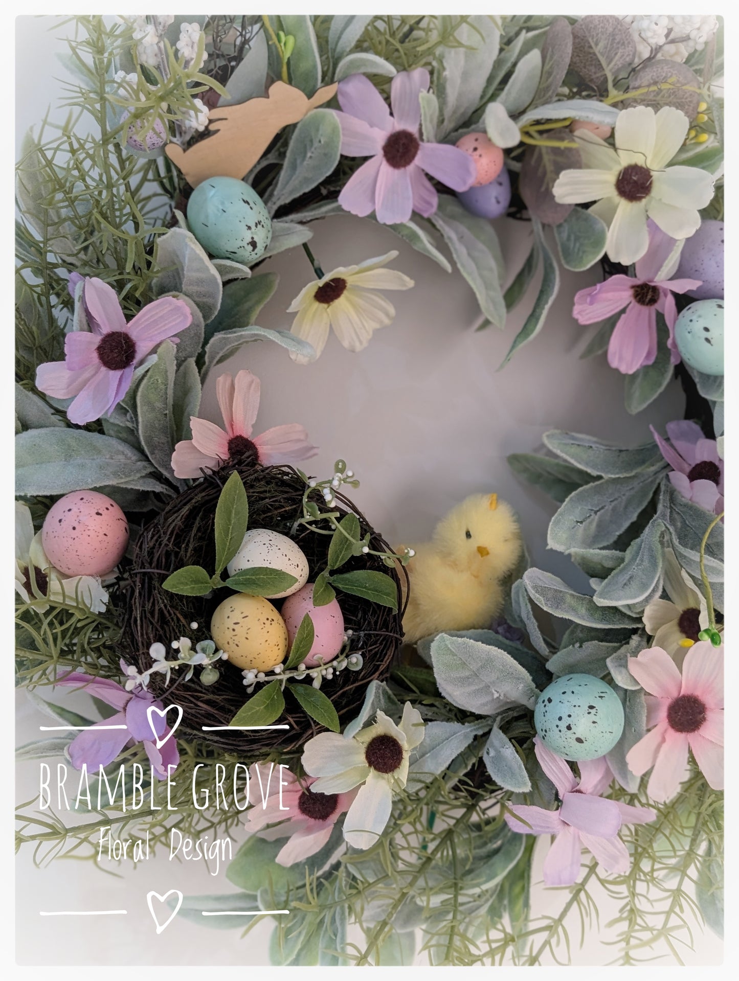 Spring Meadow Easter Wreath – Handmade Floral Door Wreath with Eggs & Chick
