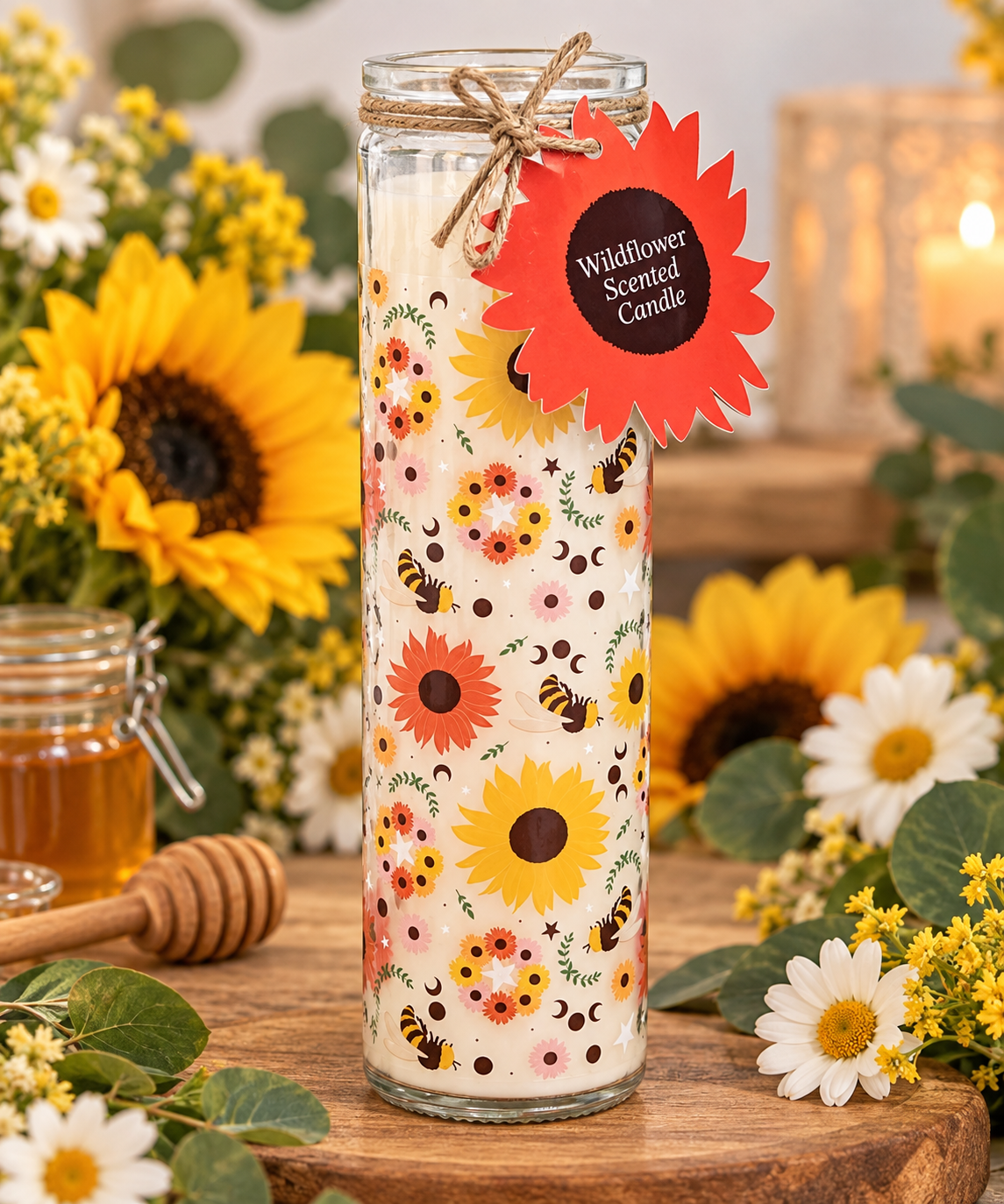 A tall glass jar candle with a floral and bee pattern sits on a wooden surface surrounded by sunflowers, white daisies, green leaves, a honey pot, and a wooden dipper. A red flower-shaped tag on the jar reads 'Wildflower Scented Candle'.