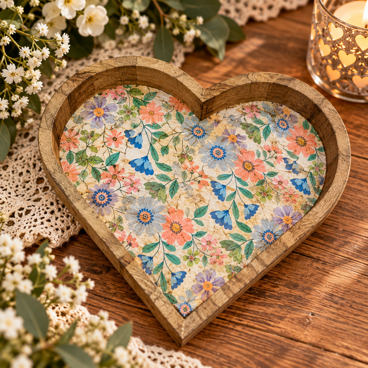 Handmade heart-shaped wooden trinket dish with colourful floral and botanical design.