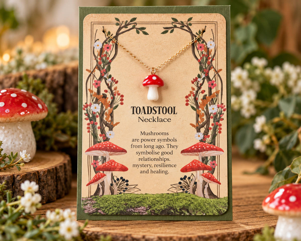 A gold necklace with a red and white toadstool pendant is displayed on a decorative card labeled 'TOADSTool Necklace' with a whimsical forest illustration. The card is photographed on a rustic wooden surface with blurred mushrooms and greenery in the background.