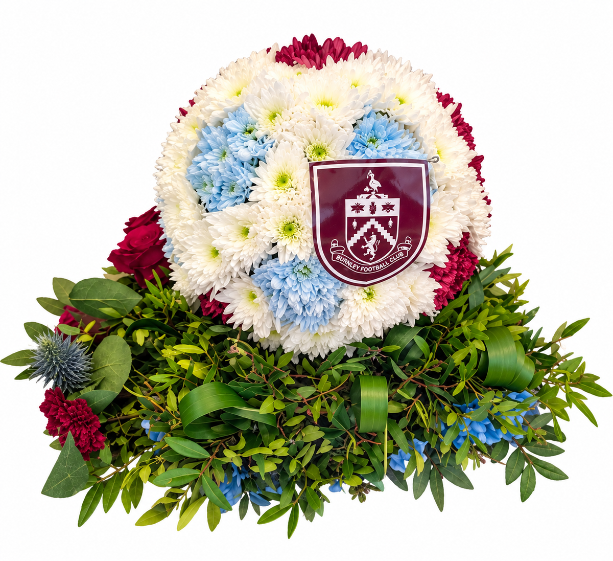Bespoke football-shaped funeral floral tribute in personalised team colours