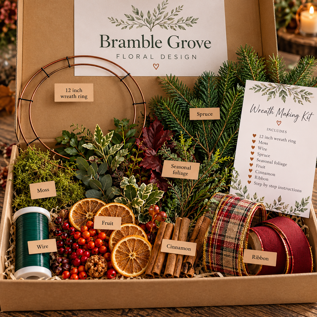 Traditional Christmas wreath made with fresh spruce, conifer and laurel foliage, decorated with dried orange slices, red berries, cinnamon sticks and a plain red bow by Bramble Grove Floral Design.