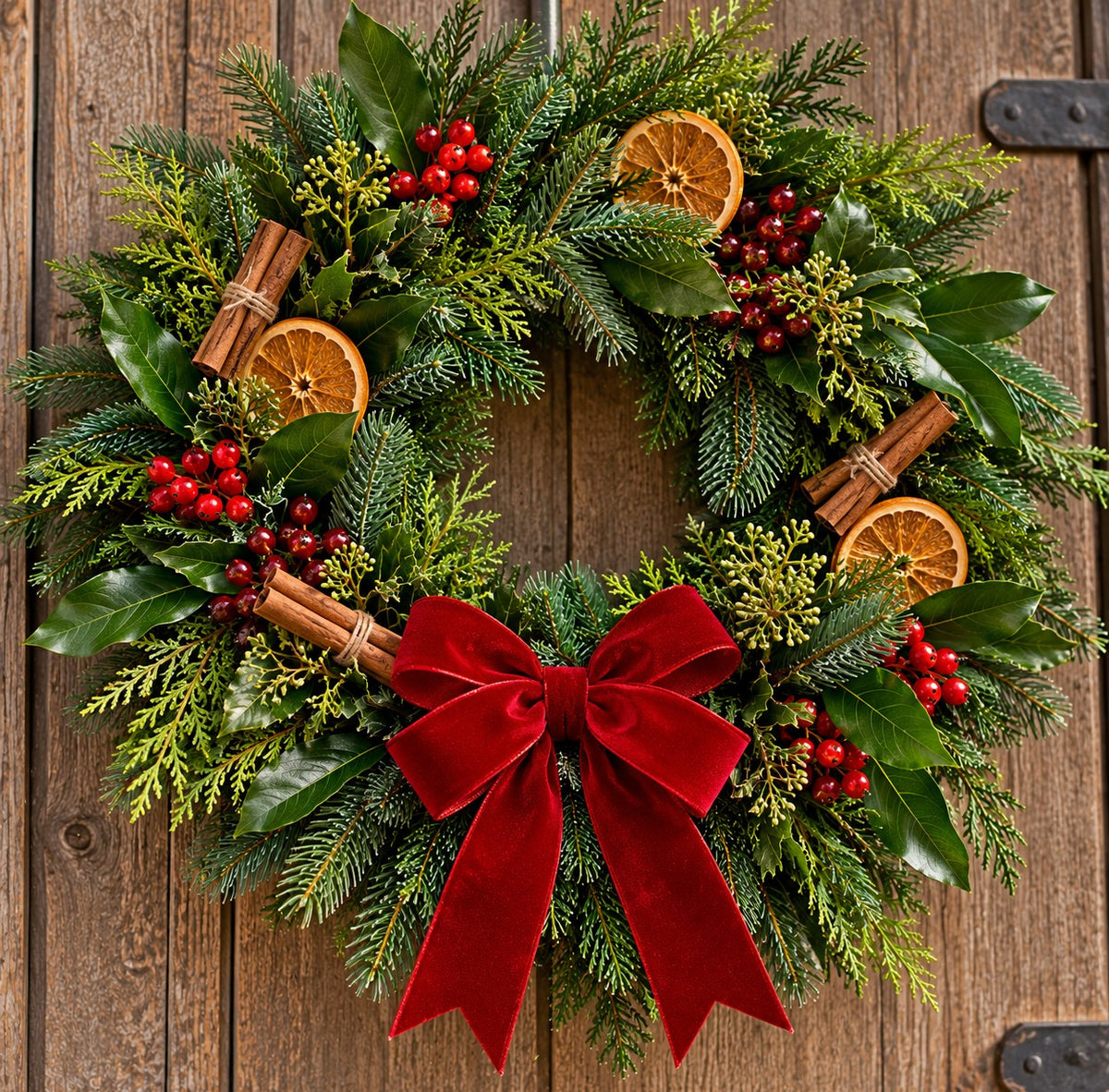 Traditional Christmas wreath made with fresh spruce, conifer and laurel foliage, decorated with dried orange slices, red berries, cinnamon sticks and a plain red bow by Bramble Grove Floral Design.