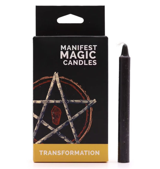 Black Transformation Manifest Magic candle with mystical pentagram packaging