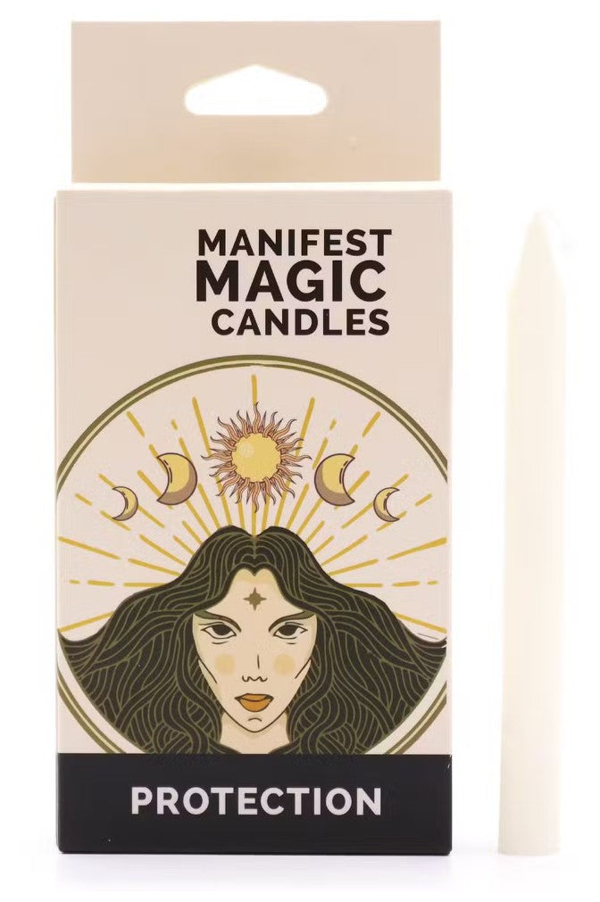 White Protection Manifest Magic candle with moon and goddess design