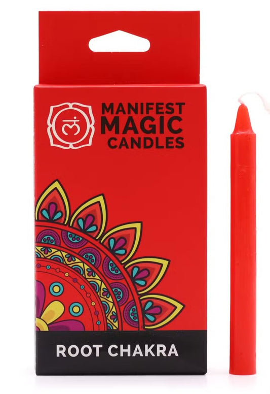 Red Root Chakra Manifest Magic candle with colourful mandala packaging