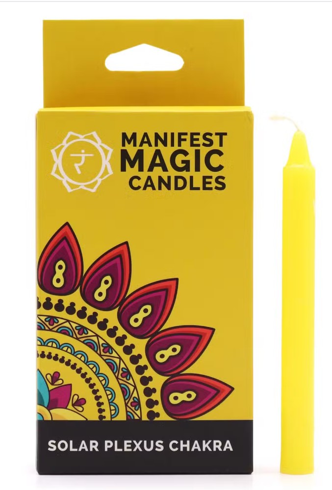 Yellow Solar Plexus Chakra Manifest Magic candle with colourful mandala packaging