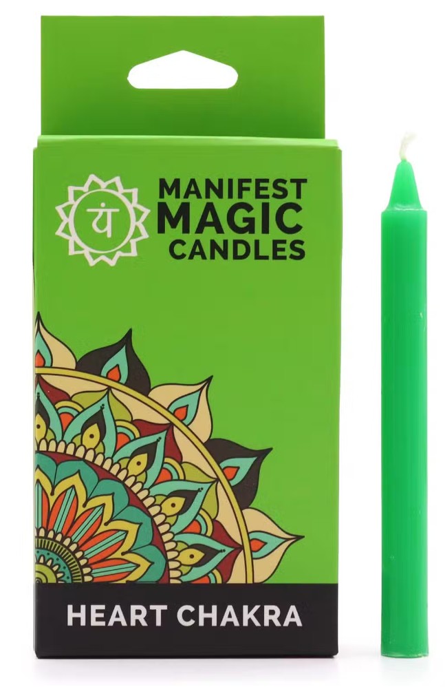 Green Heart Chakra Manifest Magic candle with colourful mandala design