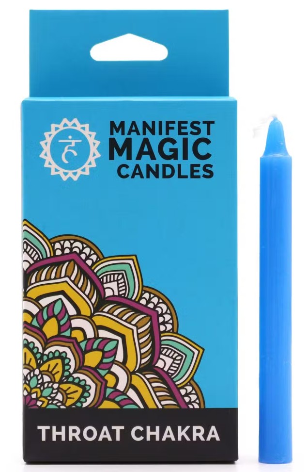Blue Throat Chakra Manifest Magic candle with colourful mandala packaging