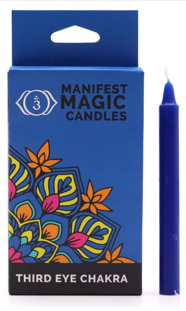Indigo Third Eye Chakra Manifest Magic candle with colourful spiritual packaging
