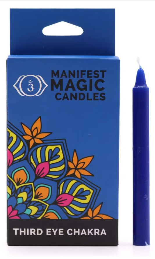 Indigo Third Eye Chakra Manifest Magic candle with colourful spiritual packaging