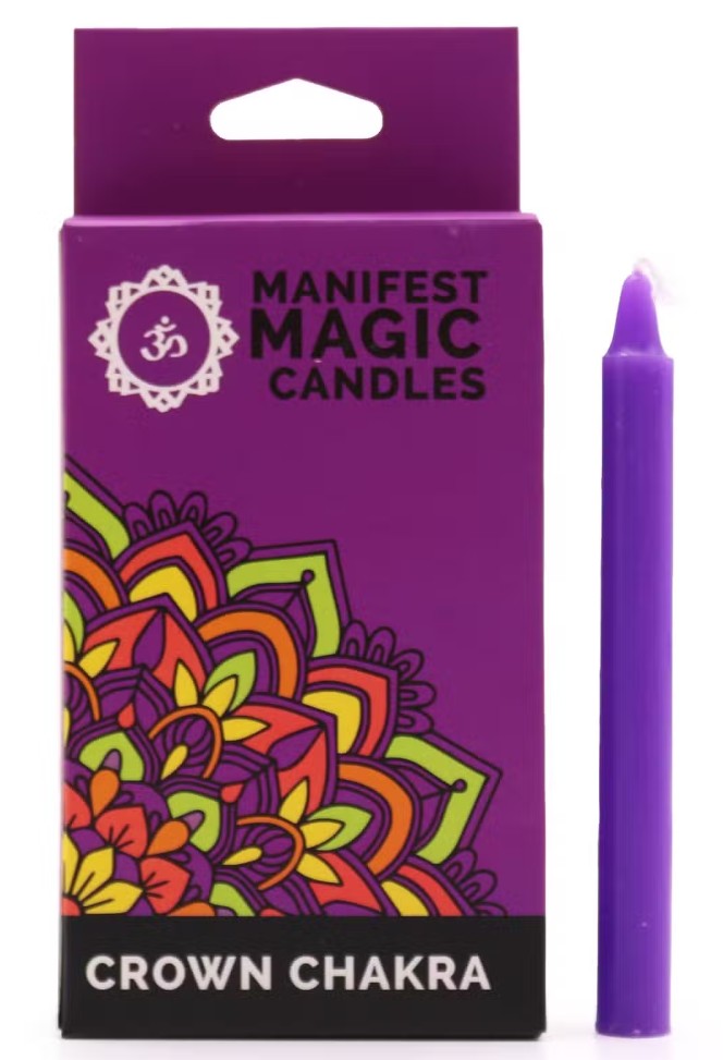 Purple Crown Chakra Manifest Magic candle with colourful mandala packaging