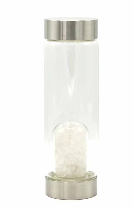 500ml Clear Quartz crystal infused glass water bottle with black protective sleeve
