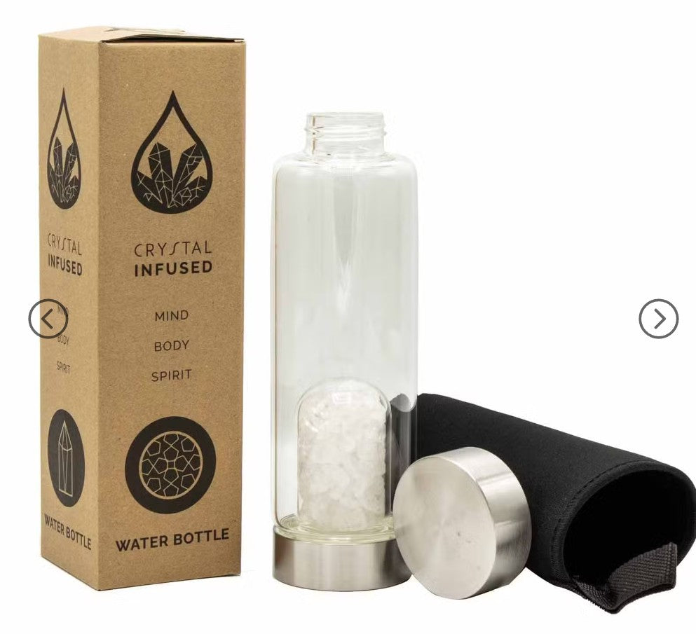 Clear Quartz crystal infused water bottle with presentation box and protective sleeve