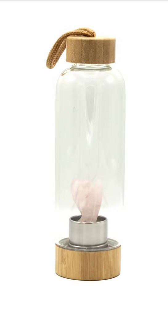 500ml rose quartz crystal infused glass water bottle with bamboo-style lid
