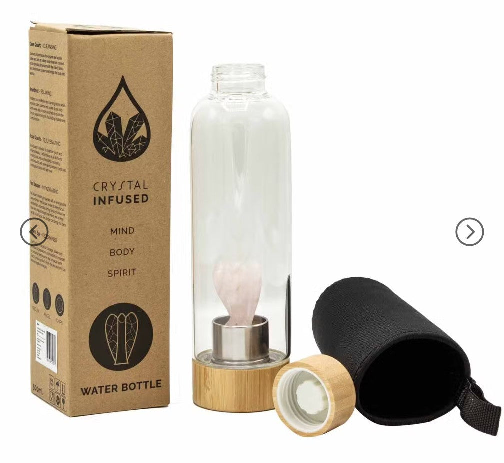 Rose quartz crystal infused water bottle with presentation box and protective sleeve