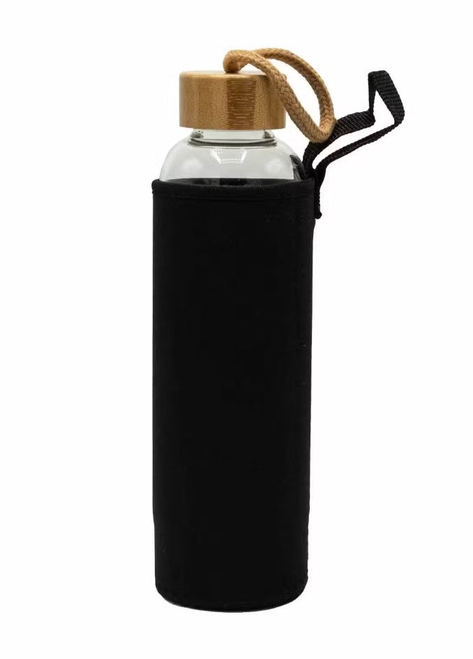 Rose quartz crystal water bottle with black protective sleeve and bamboo-style lid