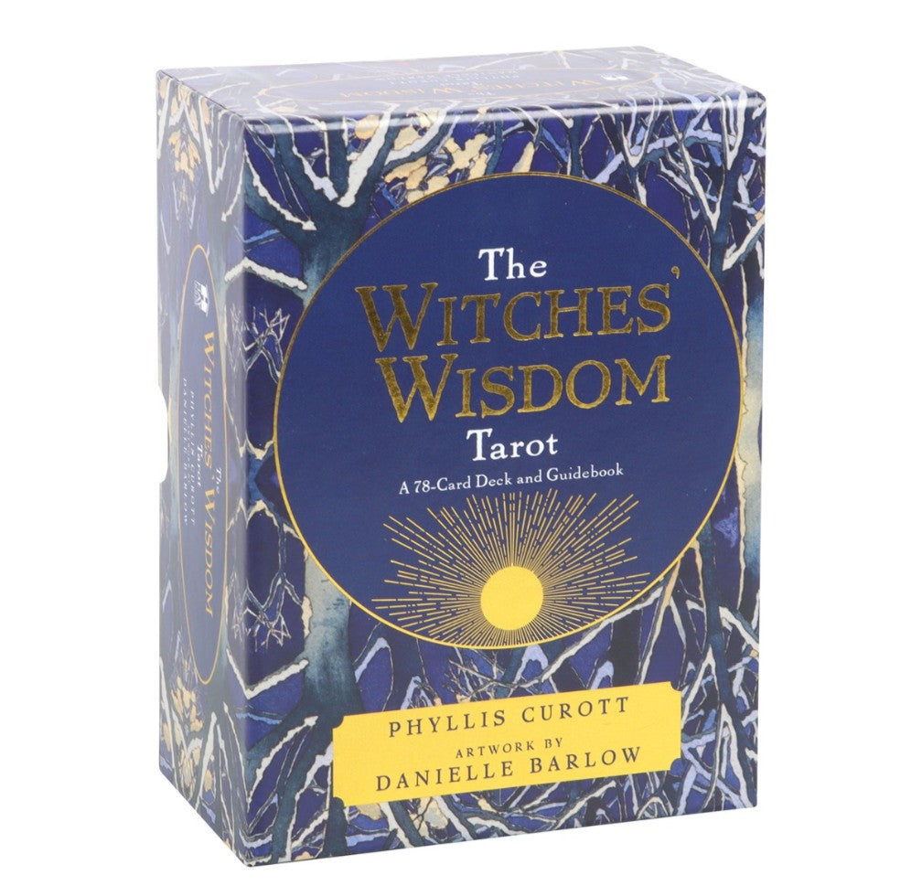 The Witches' Wisdom Tarot 78 card deck box with blue and gold design