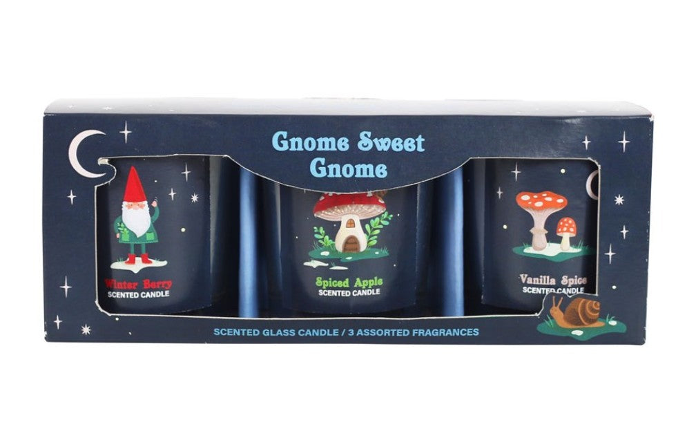 Gnome Sweet Gnome candle set with Winter Berry, Spiced Apple and Vanilla Spice candles