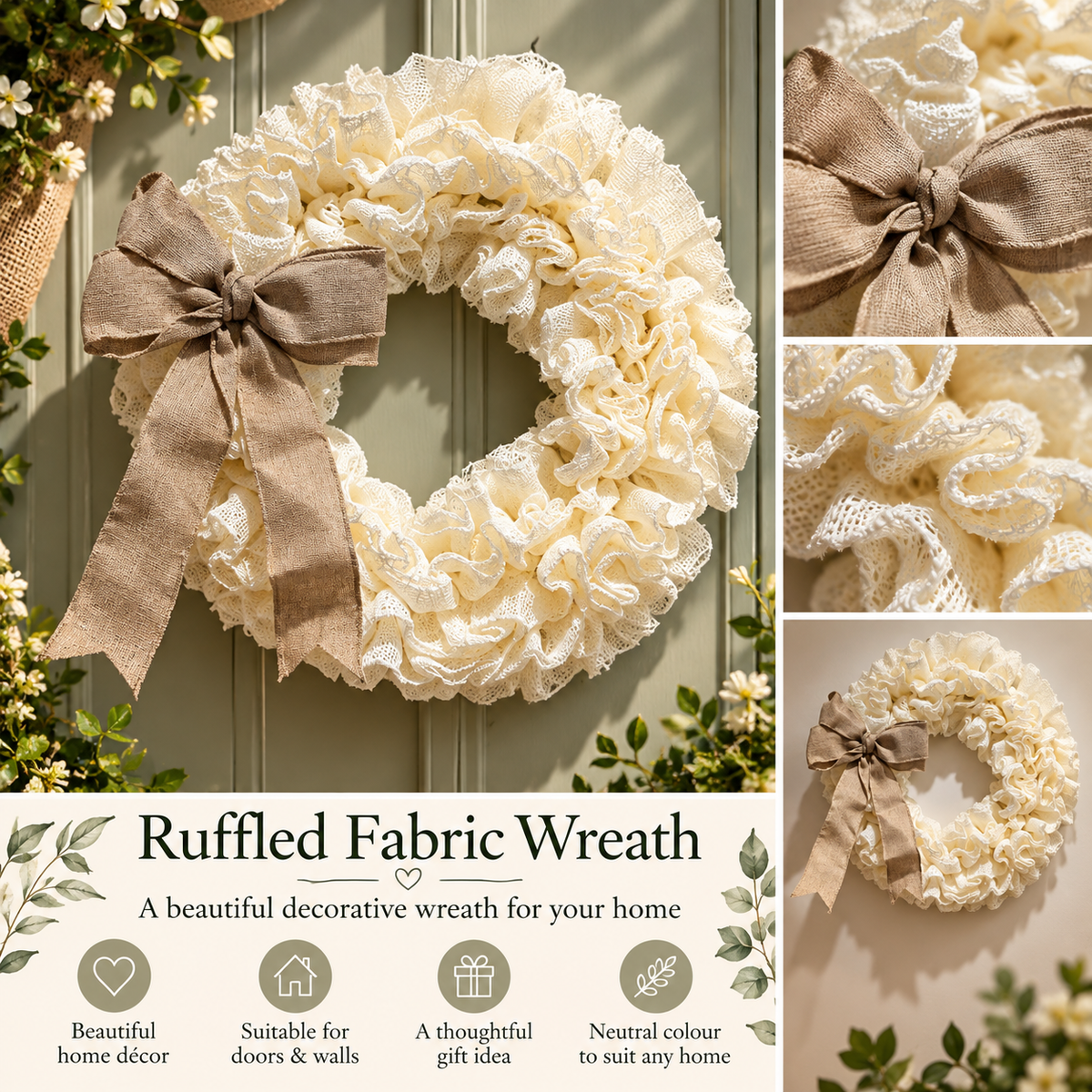 Cream ruffled fabric wreath with a large tan burlap bow, shown hanging on a green door with floral decor, plus three inset close-up views and marketing text for the 'Ruffled Fabric Wreath'.