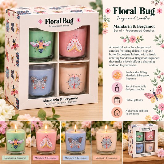Floral Bug fragrant candles set in a decorative gift box, with four glass candles shown in different pastel colors and scent notes for Mandarin & Bergamot. The packaging features a floral and butterfly design, and the bottom row shows the lit candles in individual colors.