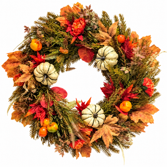 Artificial autumn pumpkin wreath with colourful autumn leaves, berries, flowers and cream pumpkins on a white background