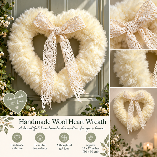 Heart-shaped fluffy cream wool wreath with a large cream lace bow, shown on a green door with decorative greenery. The collage includes close-up detail panels and text reading 'Handmade Wool Heart Wreath' with small feature icons.