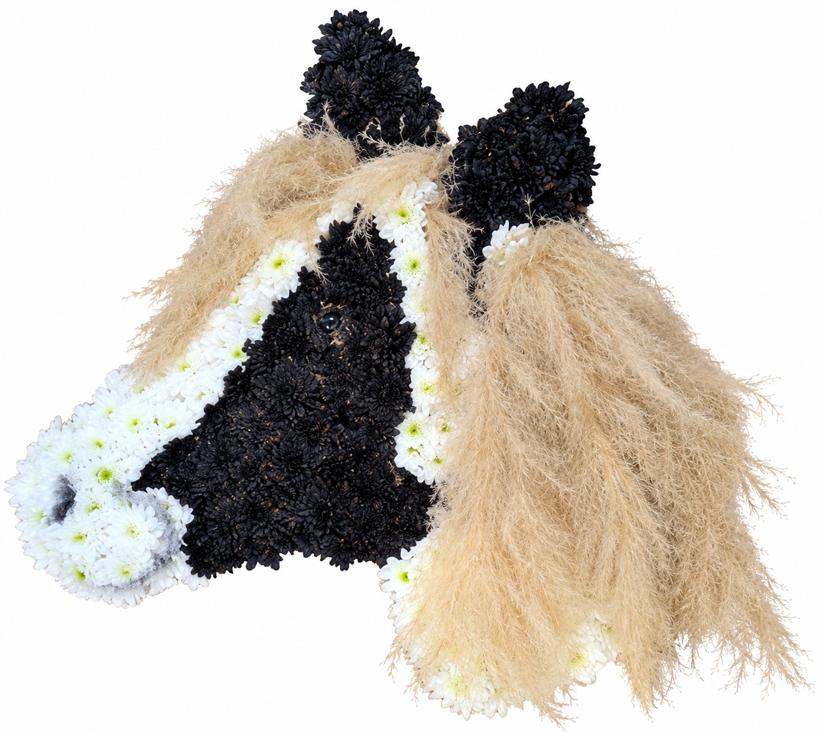 Bespoke horse head funeral floral tribute with white and dark flowers and natural-toned mane