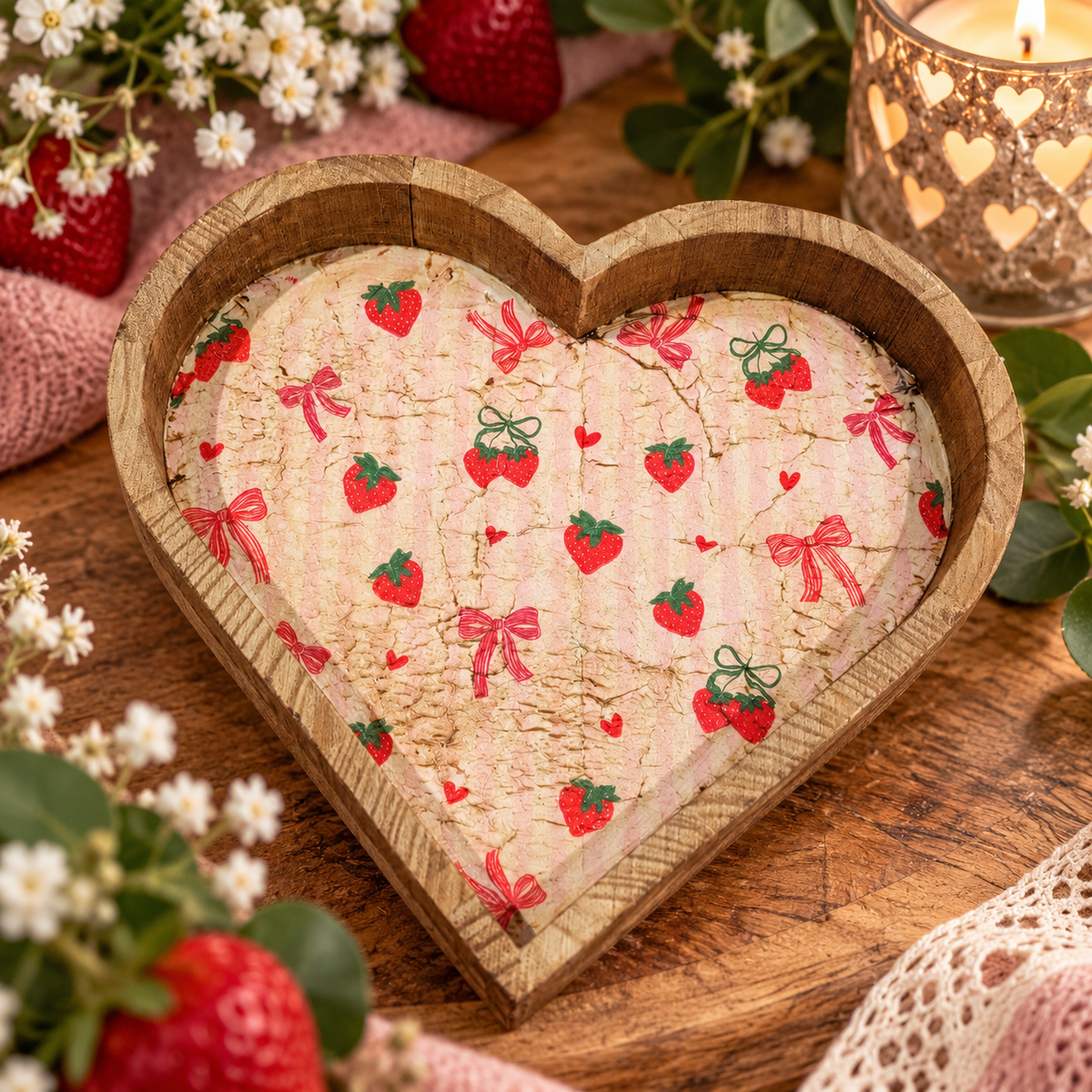 A heart-shaped wooden tray holding a matching heart-shaped decorative insert with a strawberry and bow pattern, styled on a wooden surface with flowers, a candle, and fabric.