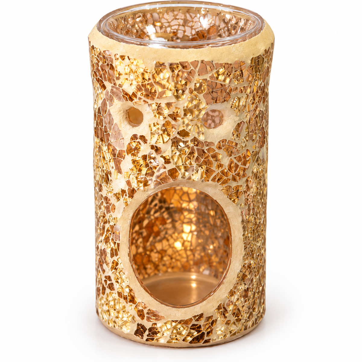 A cylindrical gold mosaic candle holder with a clear glass top and a large oval cutout on the front, shown on a white background.