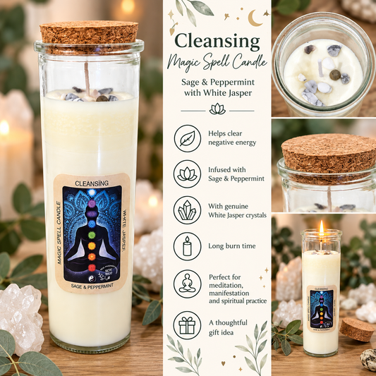 A glass jar candle with a cork stopper and a printed label reading 'Cleansing Magic Spell Candle' and 'Sage & Peppermint with White Jasper' is shown in a styled product collage. The layout includes the candle in a clear jar, a close-up of the wax and crystals, a top view of the cork lid, and a vertical text panel describing benefits.
