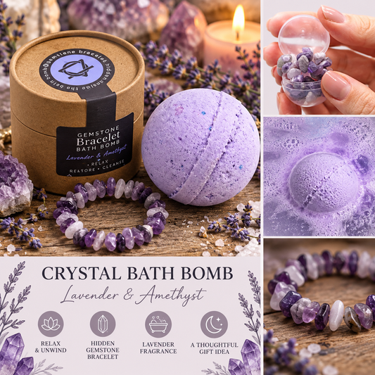 A lavender and amethyst crystal bath bomb set shown in a collage: a round kraft gift box with a branded label, a purple crystalline bath bomb, a matching amethyst bead bracelet, a small clear capsule containing purple stones, and close-up panels of the bath bomb fizzing and the bracelet detail. Text at the bottom reads 'CRYSTAL BATH BOMB Lavender & Amethyst' with feature icons.