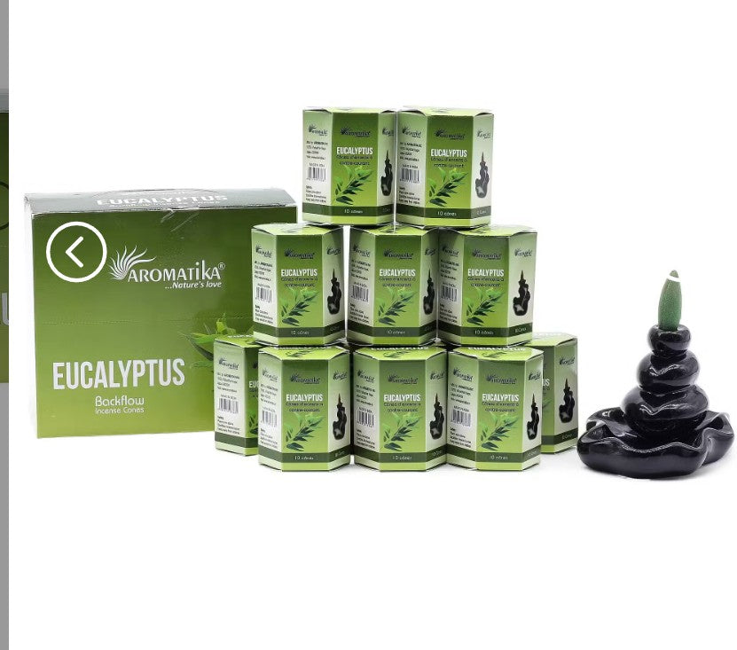 A set of Aromatika Eucalyptus incense cords, featuring a large green cardboard box, twelve individual small green boxes stacked in the center, and a black stone-like incense holder with a green rolled incense stick on a white background.