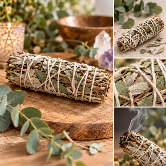 A collage showing a sage smudge bundle wrapped in natural twine, placed on a wooden surface with eucalyptus leaves, a lit candle, crystals, and a close-up of burning ends.