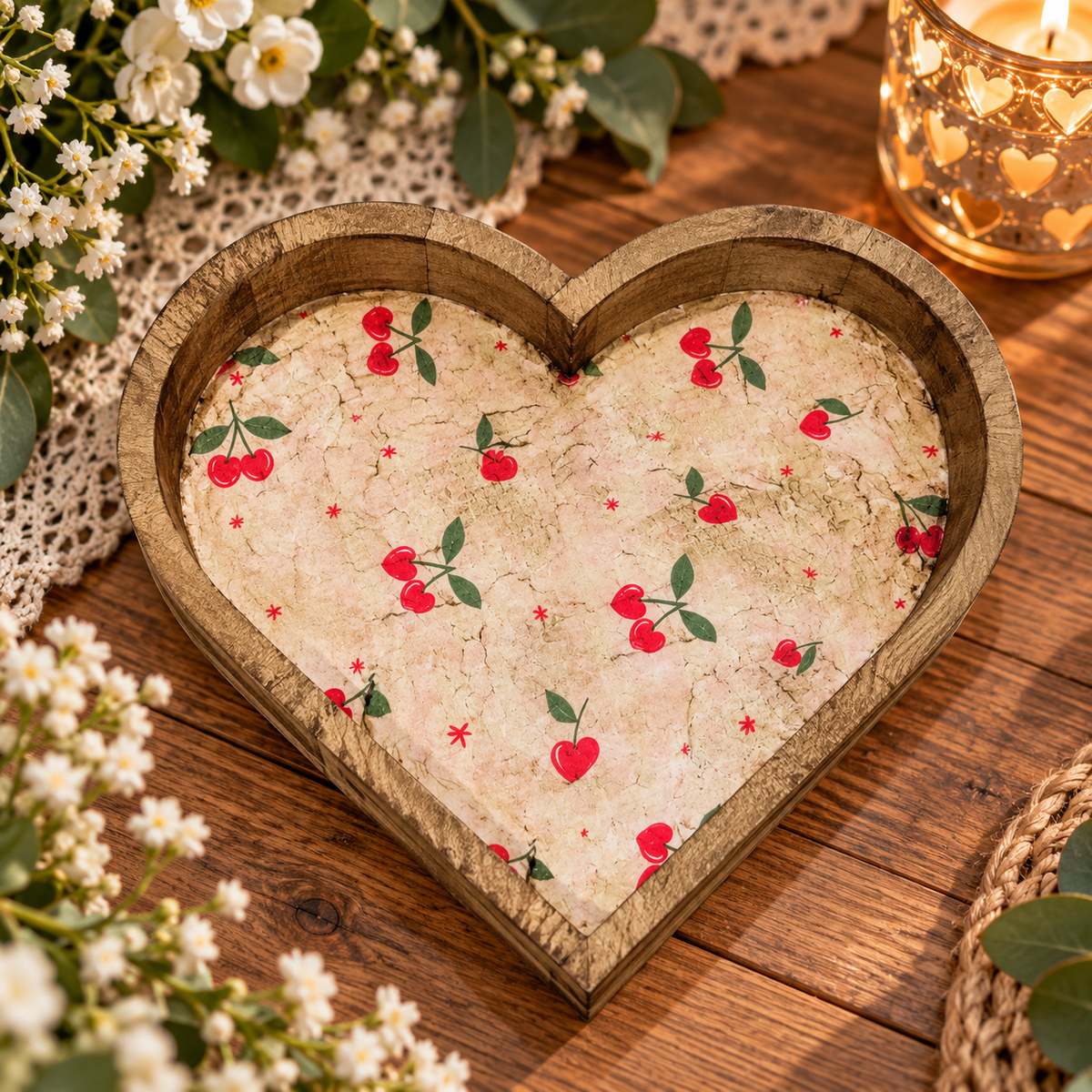 Heart-shaped wooden serving tray with a vintage cream background and a red cherry pattern, styled on a rustic wooden table with flowers and a glowing candle.
