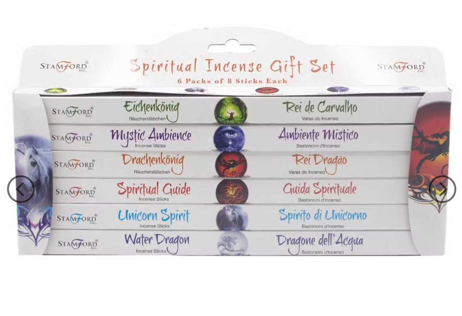 A boxed Stamford Spiritual Incense Gift Set containing 6 packs of 2 sticks each. The white cardboard packaging displays the brand name 'STAMFORD' and the set title 'Spiritual Incense Gift Set' at the top, with the six incense stick varieties listed vertically in the center with their respective names and dragon illustrations.