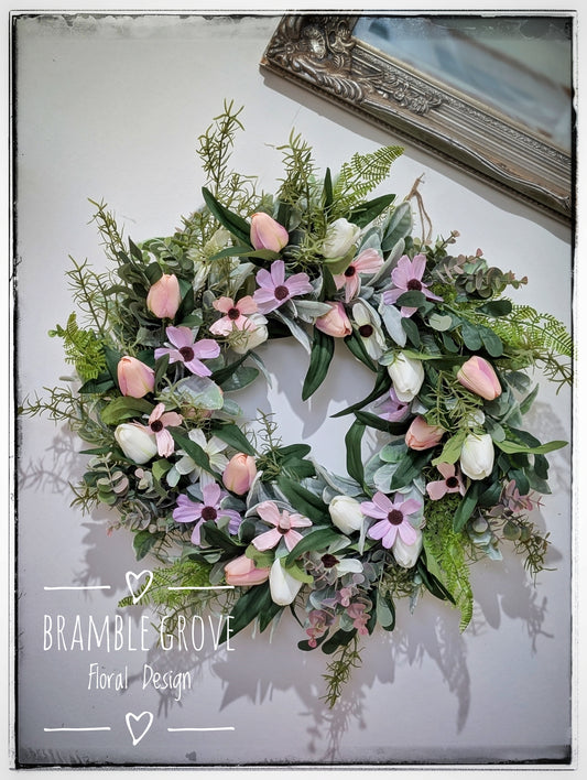 Pastel Silk Tulip & Daisy Wreath (Artificial) – 60cm