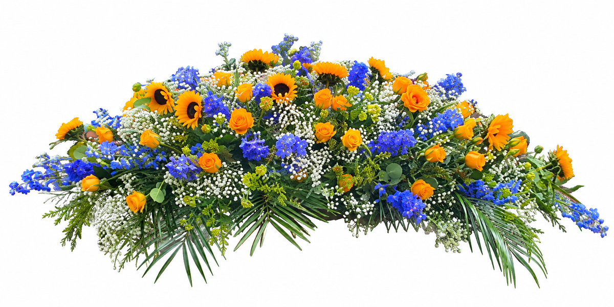 Bespoke casket spray funeral flowers in a choice of colours and floral designs by Bramble Grove Floral Design