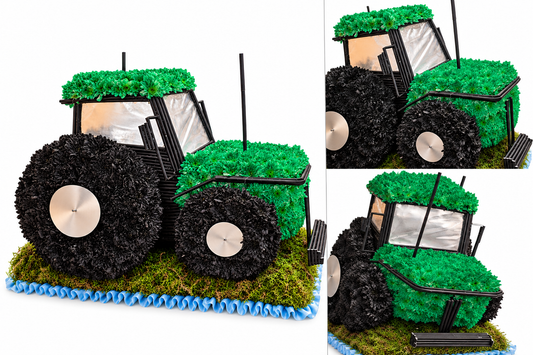 Bespoke fresh floral tractor funeral tribute with green and black flowers, moss and blue ribbon trim.