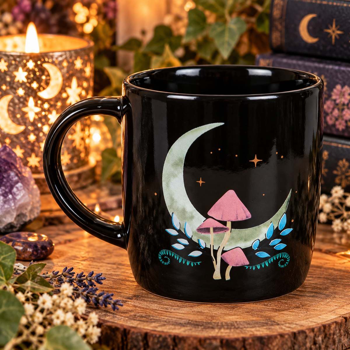 A black ceramic mug with a glossy finish, decorated with a whimsical illustration of a crescent moon, small pink mushrooms, blue leaves, and gold stars. The mug is set on a rustic wooden slice surrounded by cozy, warm ambient decor including a glowing candle holder, lavender, and books.