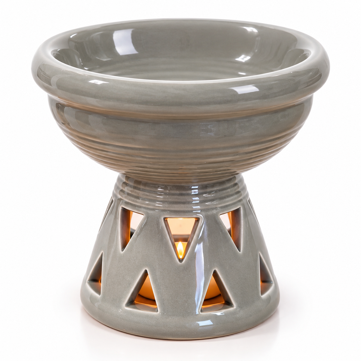 Grey glazed ceramic oil burner with decorative triangular cut-out design