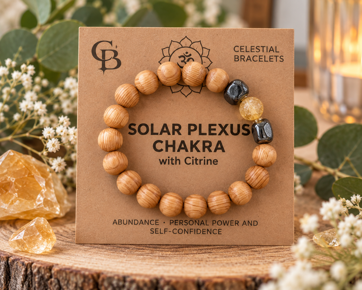 A wooden bead chakra bracelet displayed on a brown kraft card labeled 'Solar Plexus Chakra with Citrine' by Celestial Bracelets, styled on a wood slice with crystals and greenery.