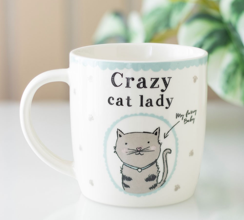 A white ceramic mug with a handle, featuring a cute cartoon cat illustration and the text 'Crazy cat lady' with 'My Every Baby' written next to it. The mug is set against a softly blurred background with warm beige tones and green leaves.
