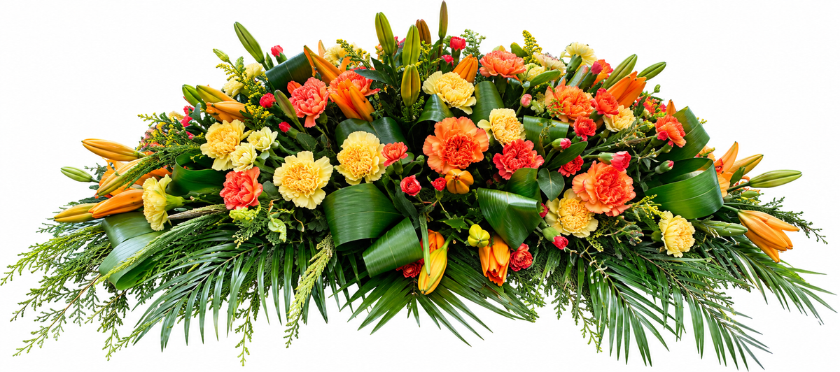 Bespoke casket spray funeral flowers in a choice of colours and floral designs by Bramble Grove Floral Design