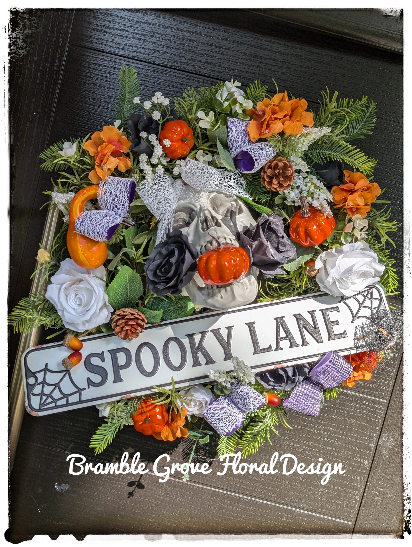 Halloween spooky lane door wreath with white sign