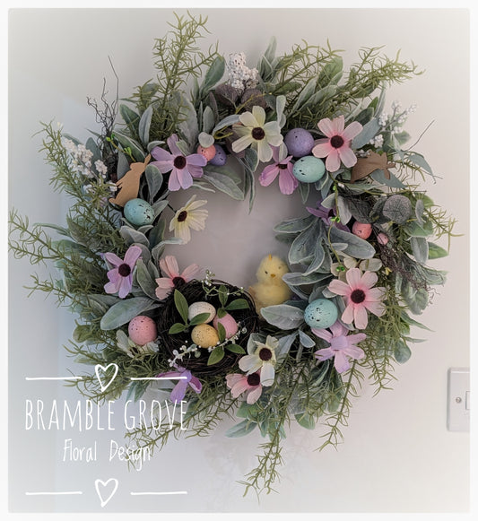Spring Meadow Easter Wreath – Handmade Floral Door Wreath with Eggs & Chick