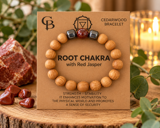 A wooden bead bracelet displayed on a kraft card labeled 'ROOT CHAKRA with Red Jasper.' The bracelet consists of light tan wood beads with two dark metallic beads and one red translucent bead at the top.