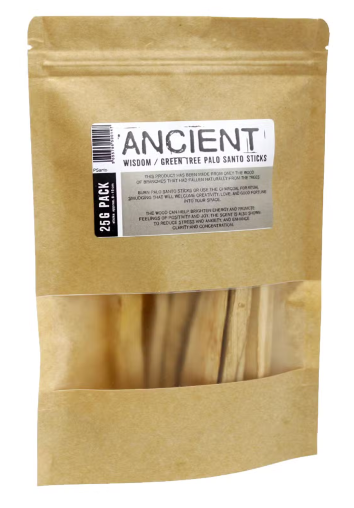 A 25g pack of Ancient Wisdom / GreenTree Palo Santo sticks in a brown kraft paper stand-up pouch with a clear window showing the wooden sticks inside.
